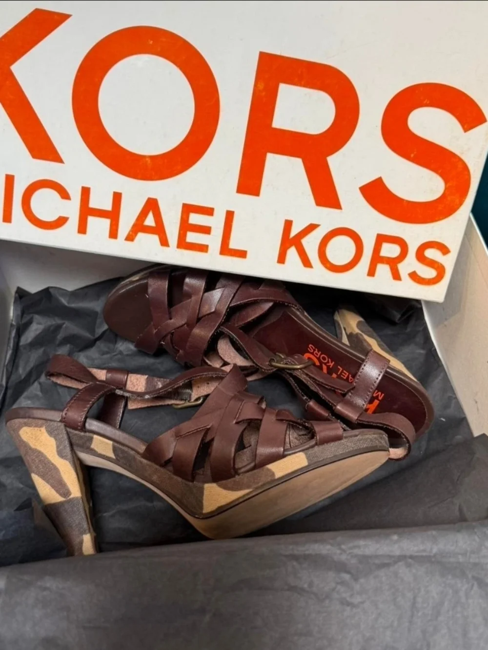 Brand New!MICHAEL KORS Brown Leather Strappy Heel Sandals with Camouflage Detail